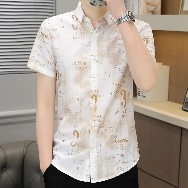 Preppy Style Men\'s Turn-down Collar Button Short Sleeve Geometric Letter Printing Tie Dye Cardigan Shirt Summer Casual Tops
