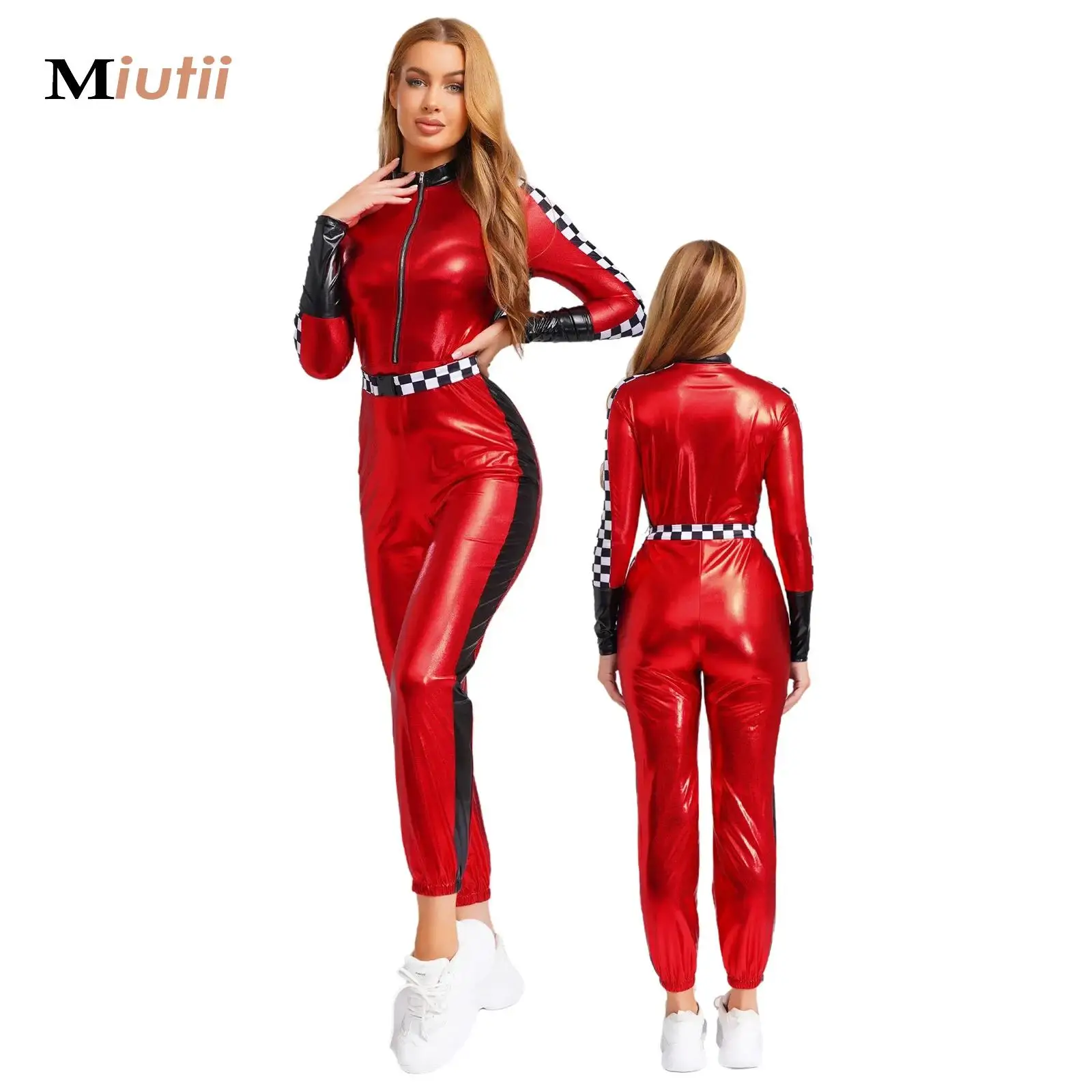 

Women's Race Car Driver Romper Bodysuit Halloween Cosplay Costumes Theme Checkerboard Car Game Racer Girl Cheerleader Uniform