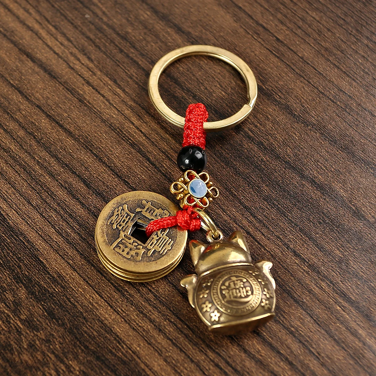 1Pc Vintage Handmade Lucky Cat Keychain, Feng Shui Coin Key Ring, Car Pendant Lucky Ornament for Present