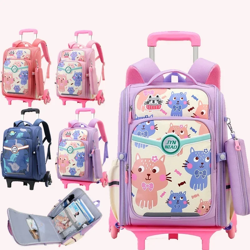 

Waterproof School Backpack with Wheels Children School Bags for Girls Kids Trolley Schoolbag Luggage Large Capacity Book Bags