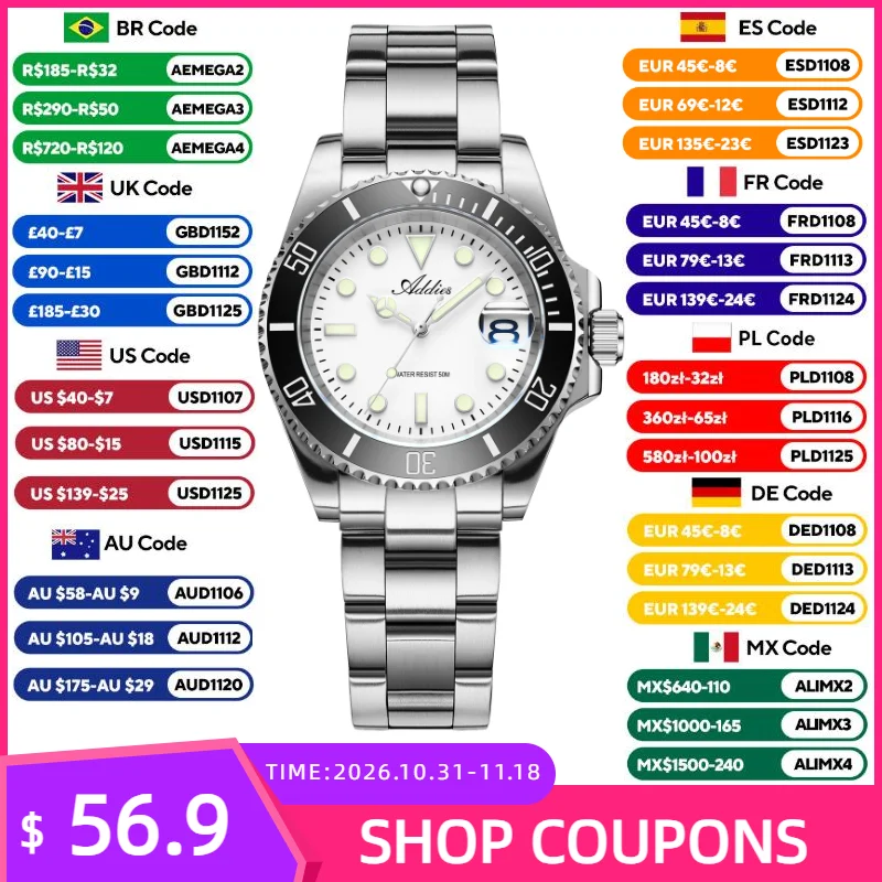 ADDIES Women Watches 316L Stainless Steel Quartz Wristwatch Japan Movement 50M Waterproof Luminous Date Display Business Watch