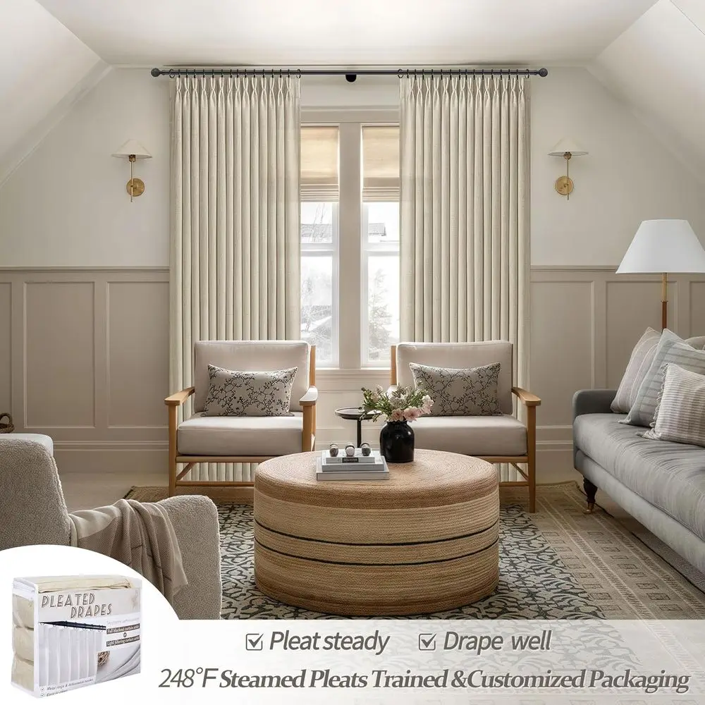 Lichtbruine linnen gordijnen met knijpplooi, 86 lengte, set van 2 panelen, semi-transparant voor kinderkamer, beige filtering, 40 breed x 86 lang