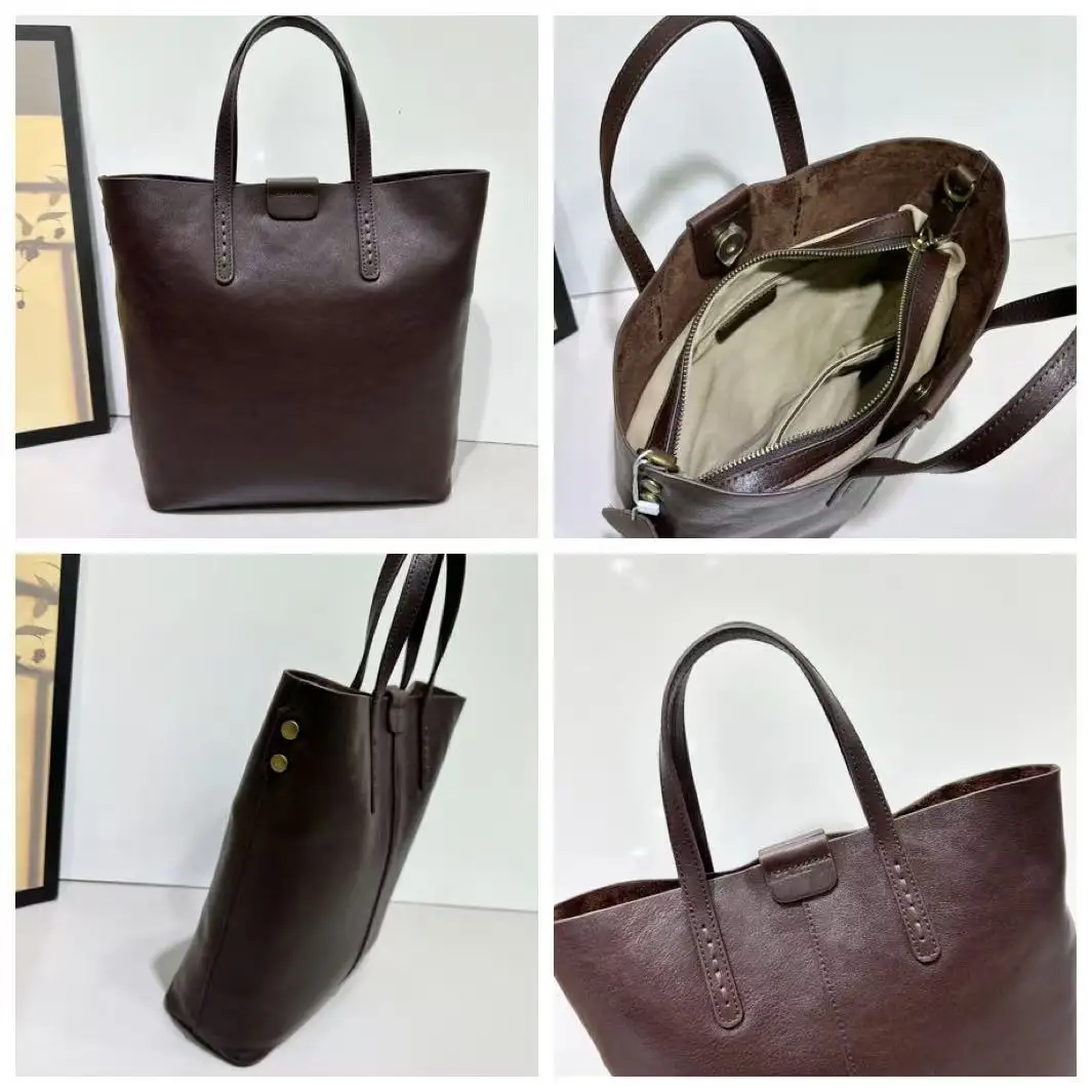 Retro Vegetable Tanned Cowhide Women Bucket Bag Luxury Ladeis Shoulder Crossbody Three Compartment Tote Bag Real Leather Handbag