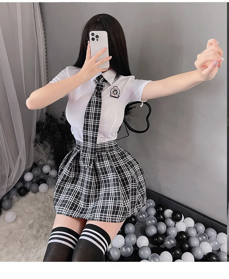 

Japanese School Girl Costume Cheerleading Cosplay Student Uniform Women Sexy Lingeire White Shirt Plaid Skirt Tie Set Role Play