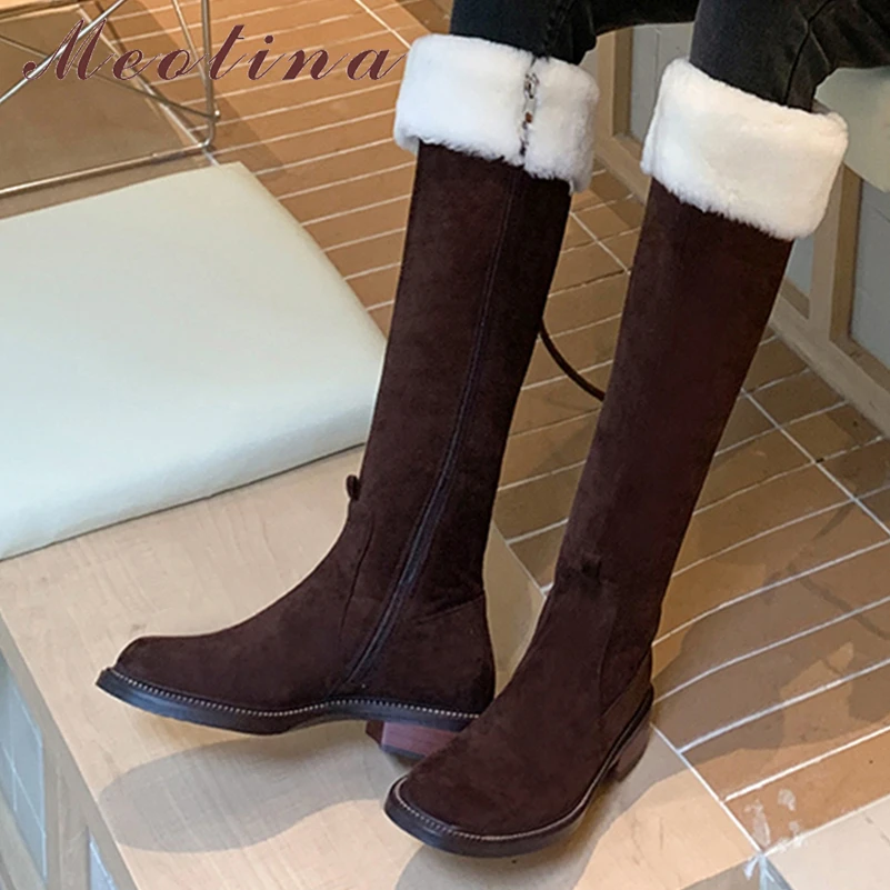 

Meotina Women Knee High Boots Round Toe Flats Zipper Fur Long Boots Concise Design Ladies Fashion Shoes Winter Apricot Coffee 40