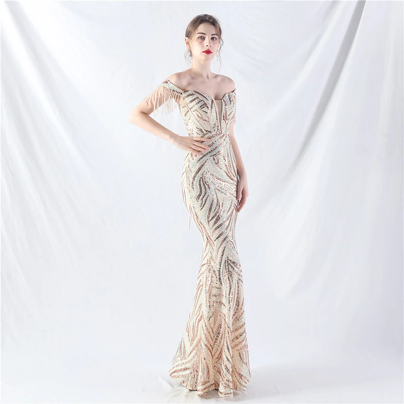 女性用セクシーでエレガントな夏のオフショルダービーズタッセル付きスパンコールレースアップバンデージスリムカクテルプロムイブニングロングドレス