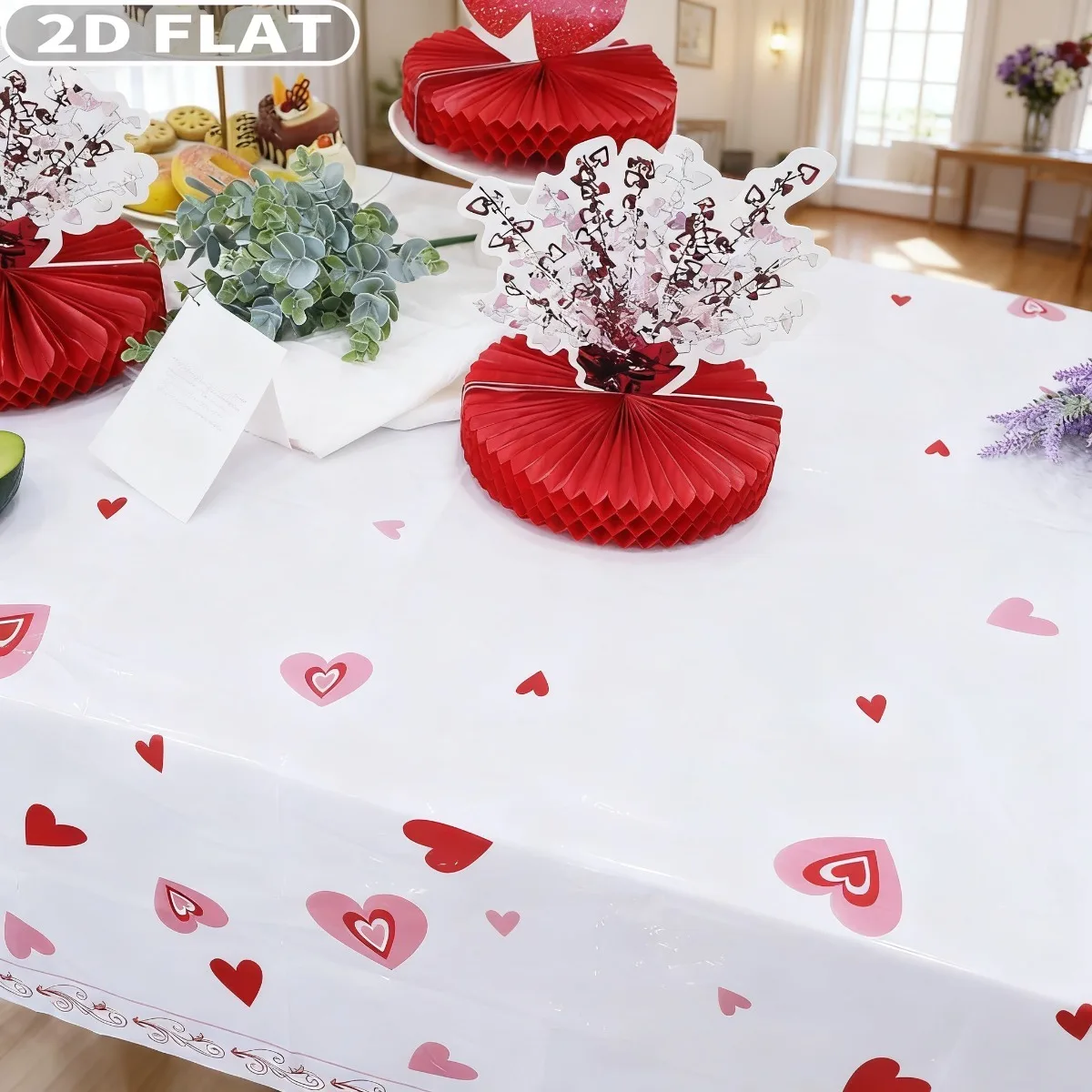 

2D FLAT 1pc Pink And Red Hearts Valentines Polyester Tablecloth, 51x108 Inch Table Cover For Valentine's Day, Rectangular