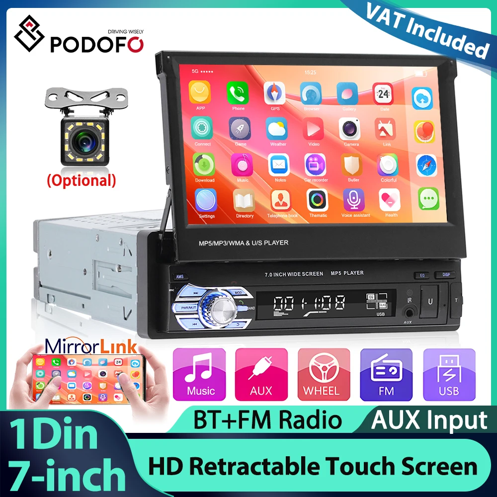 Reproductor MP5 Podofo de 7'' con Pantalla Táctil Retráctil 1Din, Reproductor Multimedia con Mirror Link, Bluetooth, EQ, FM, Cámara de Visión Trasera, Estéreo para Auto
