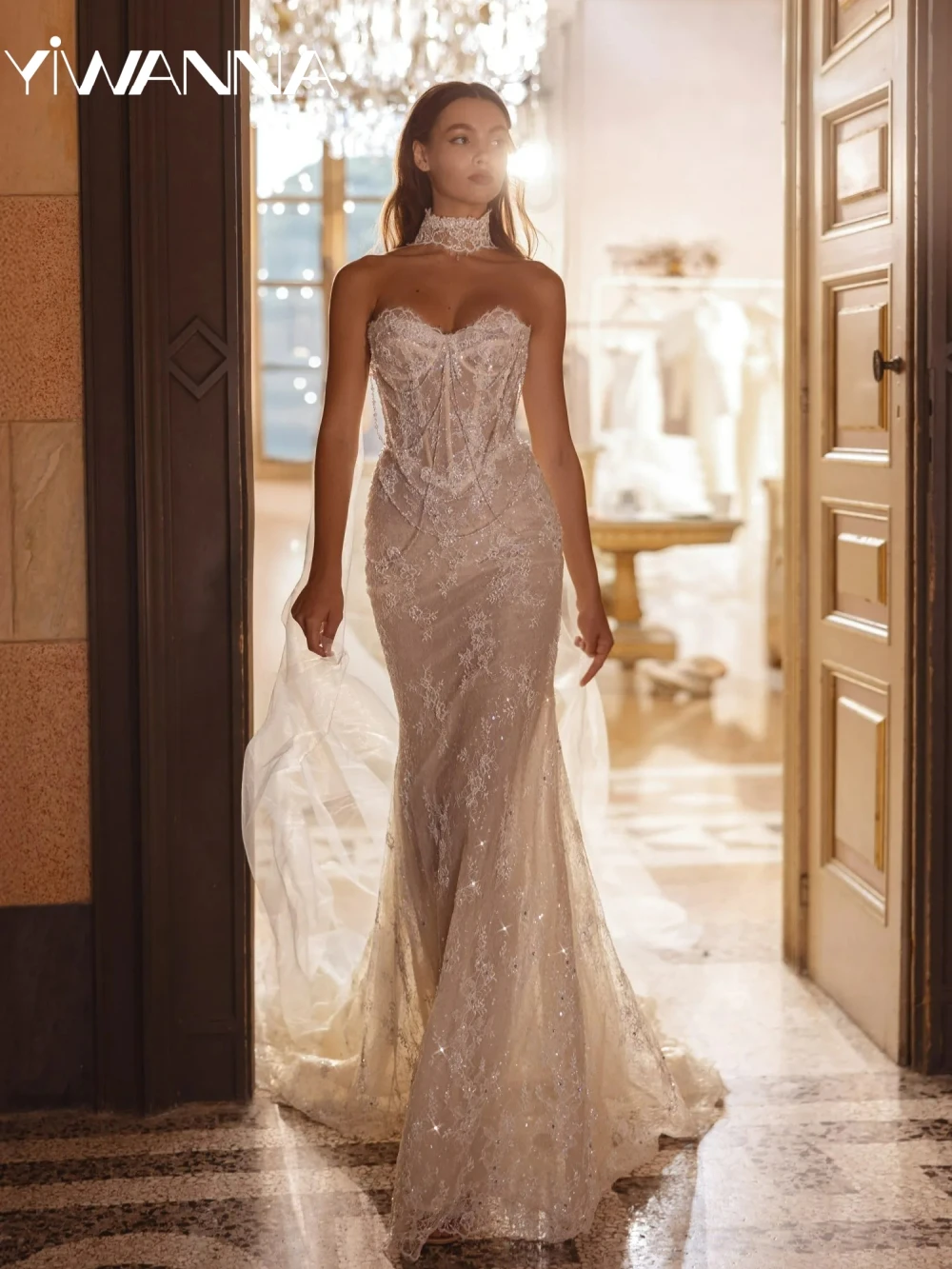 

Dazzling Beaded Lace Mermaid Long Wedding Dress Charming Sweetheart Neck Bridal Gown Customized Illusion Dresses For Bride