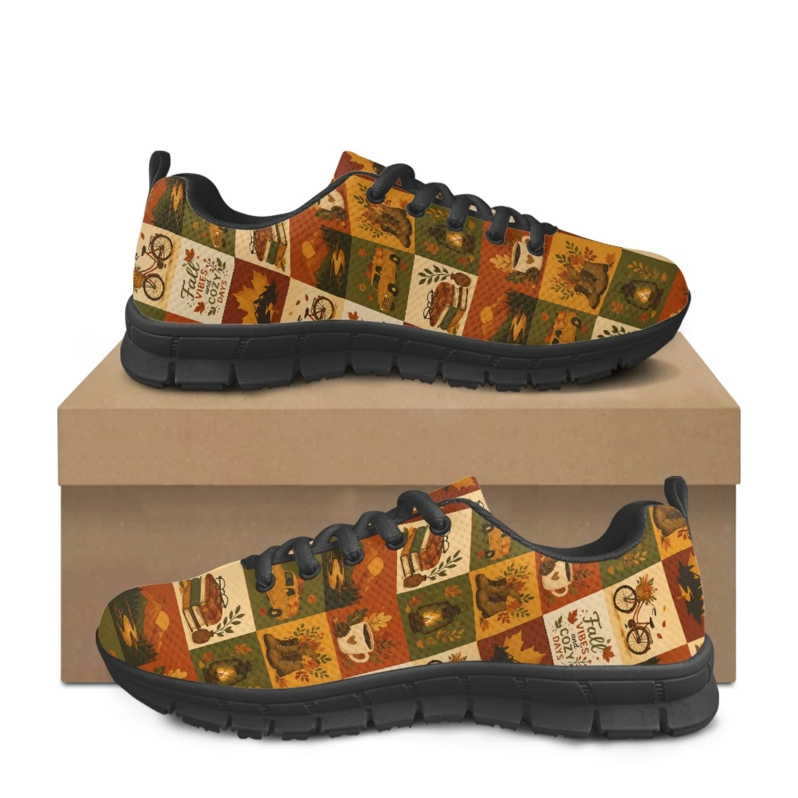 Coloranimal Fall Cozy Plaid Women Shoes for Nurses Standing All Day Wear-Resistant Women Running Walking Shoes for Travel
