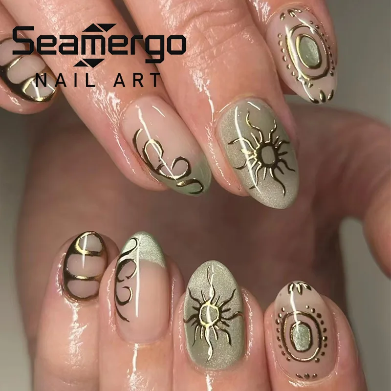 

24 шт. зеленых градиентных овальных накладных ногтей с золотым узором «Солнце и змеиное глаз» – многоразовые акриловые накладные ногти в стиле бохо, маникюр «Небесный стиль»