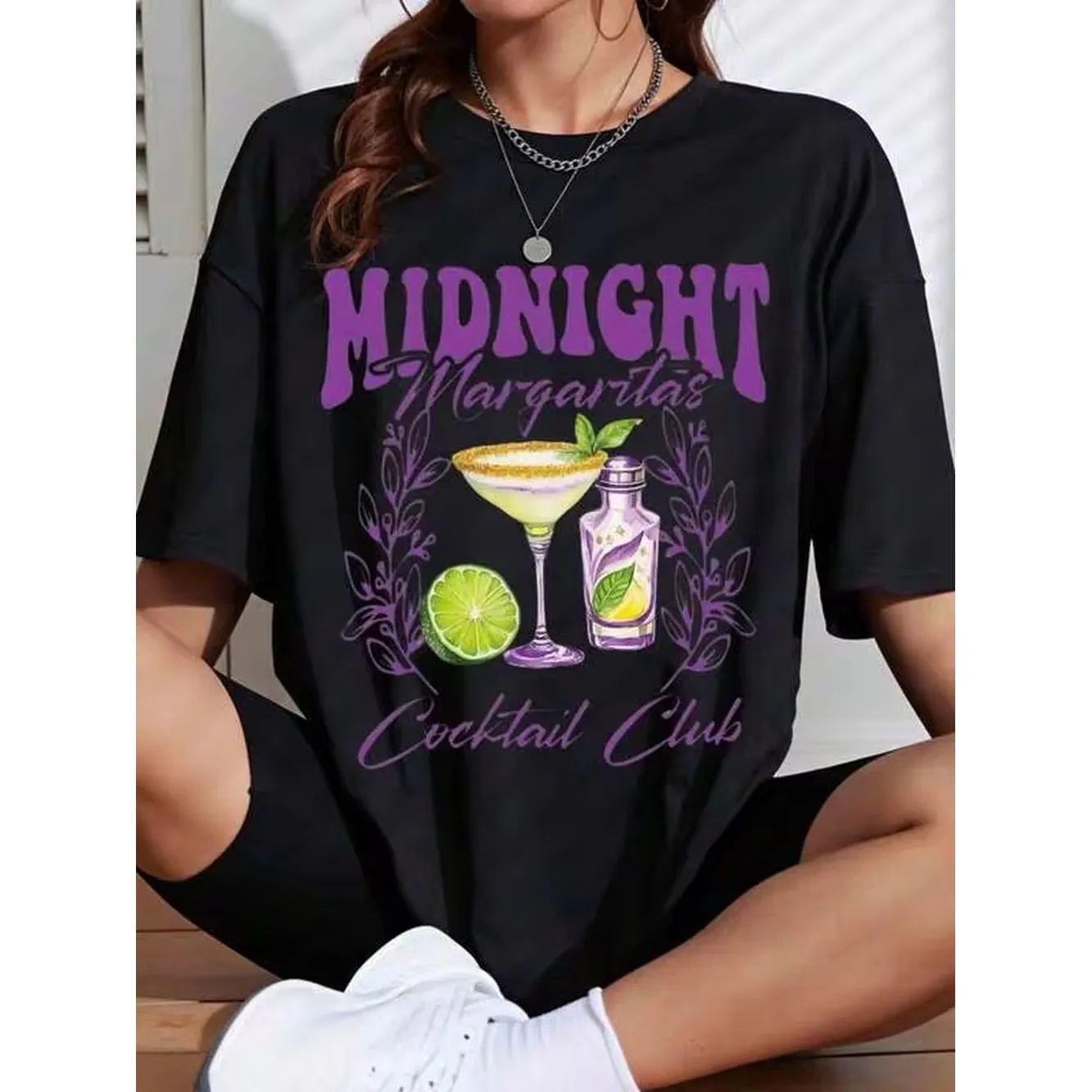 Midnight Margaritas Cocktail Club T-Shirt Women Casual Graphic Tee Party Shirt Summer Fashion Top