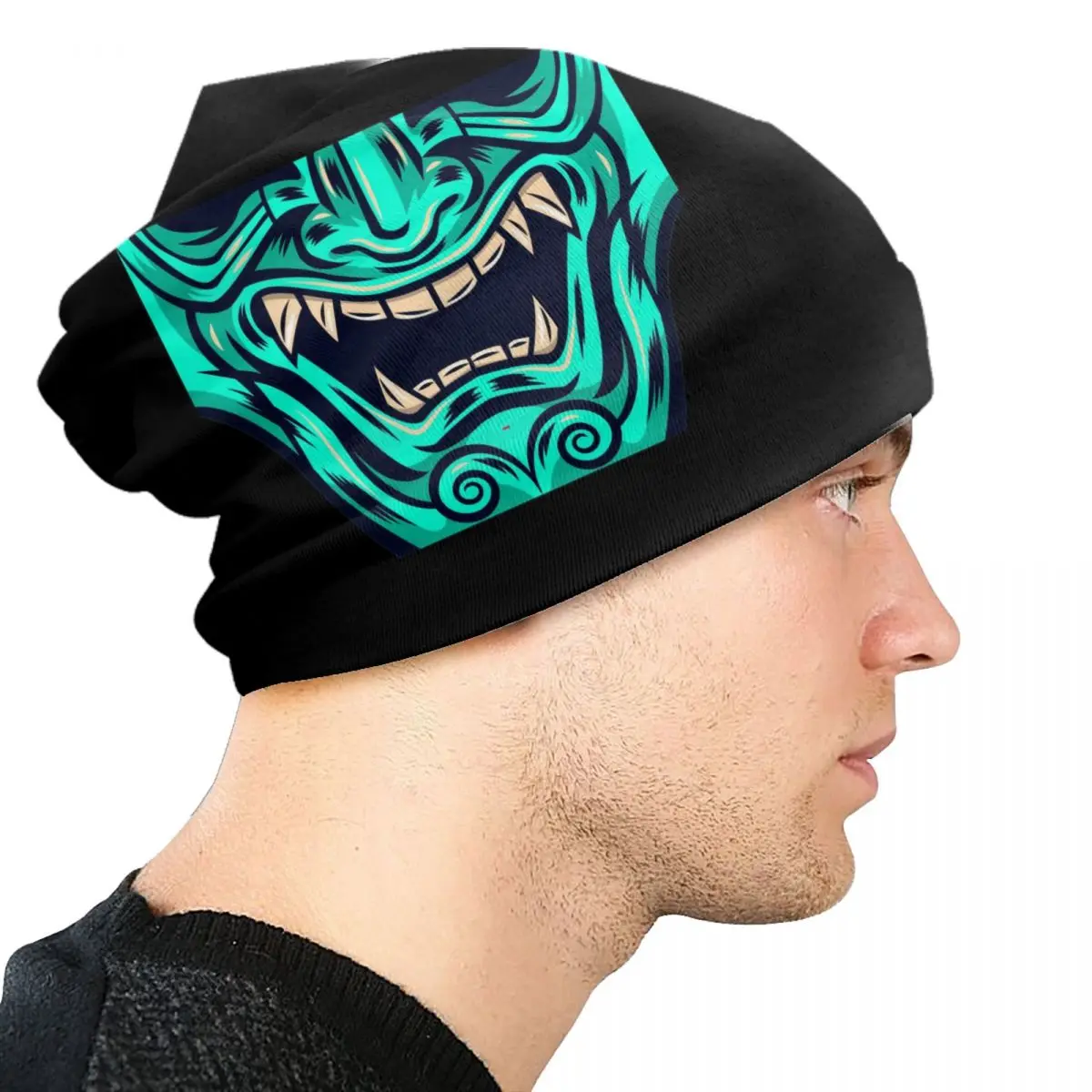 Benutzerdefinierte Teal Blue Samurai Krieger Oni Streetwear Winter Warme Frauen Männer Gestrickte Hüte Erwachsene Japanische Dämon Teufel Ninja Motorhaube Hüte