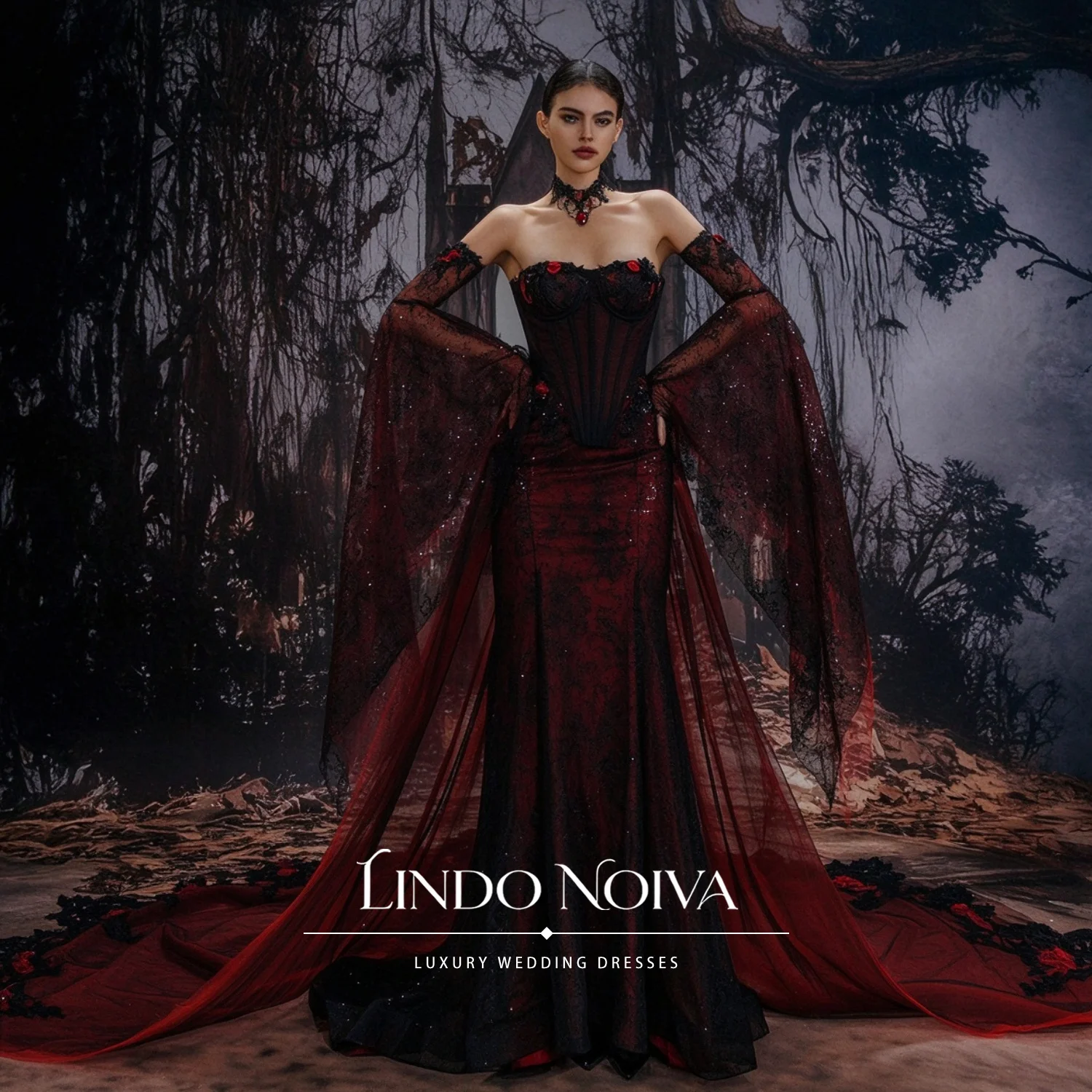 LINDO NOIVA Vestido de Novia Sirena con Corsé de Encaje sin Tirantes en Negro y Rojo Personalizado, Vestidos de Novia Góticos con Mangas Campana y Espalda Abierta