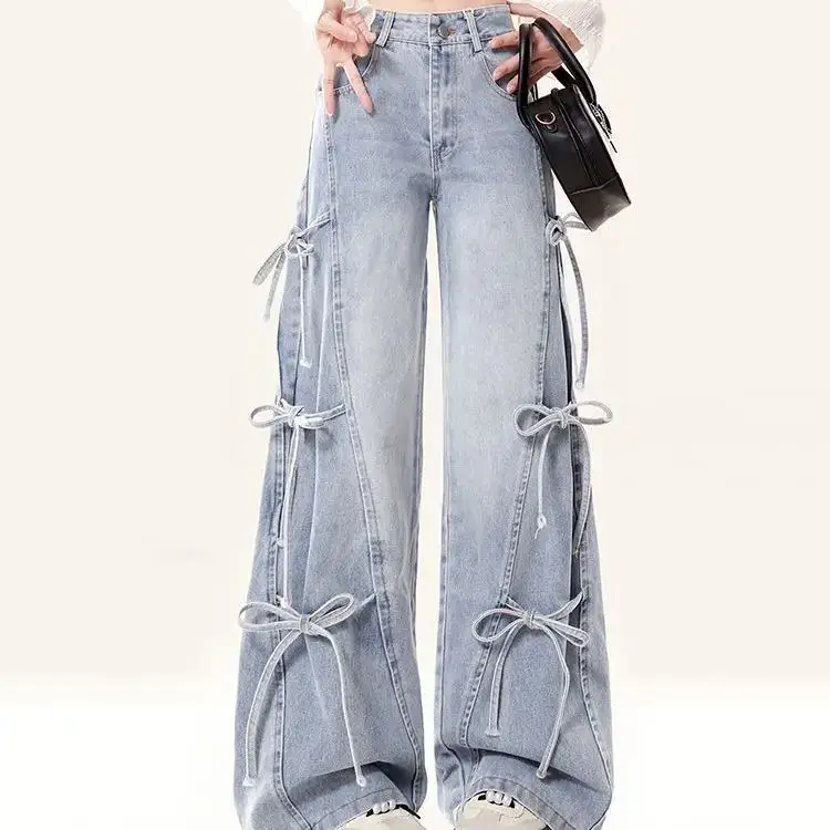 Jeans Bow Tie Autumn New Women Loose American Retro Street Style High-Waisted Wide-Leg Floor-Length Trousers