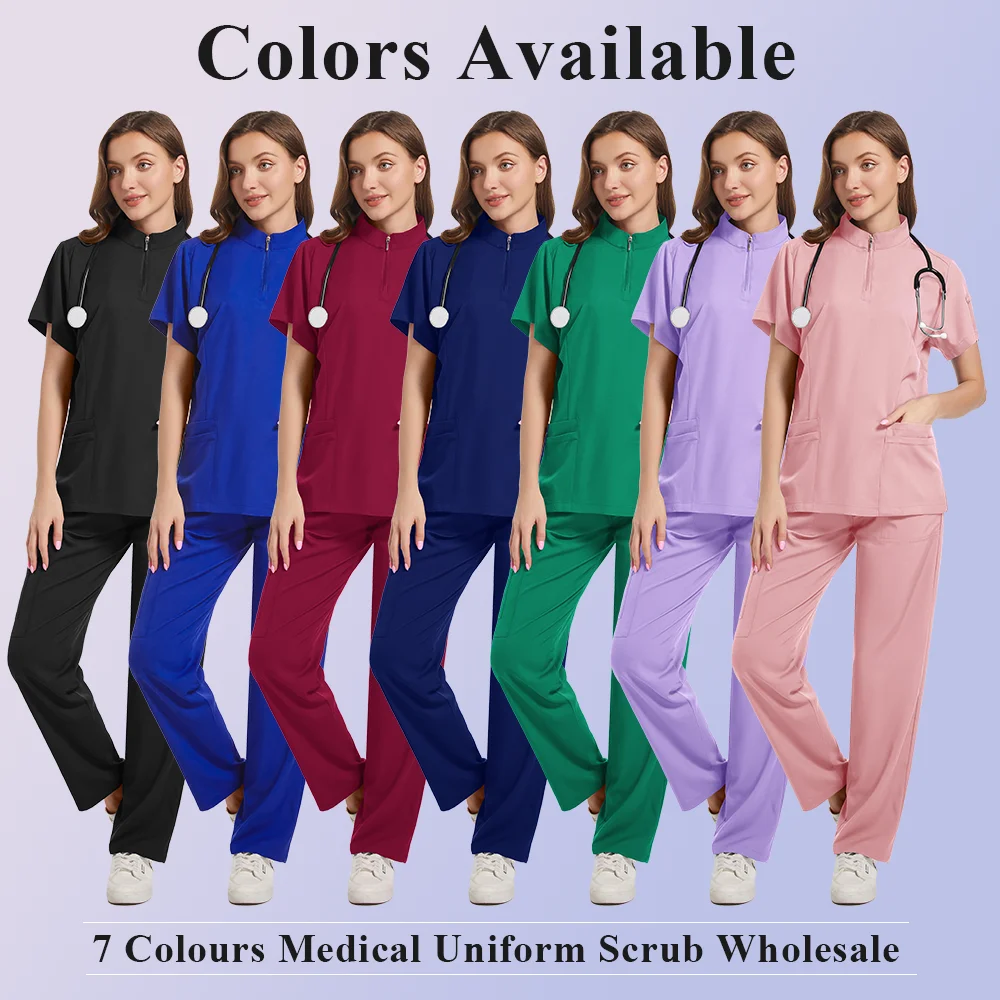간호 유니폼 투피스 유니섹스 반바지 스크럽 세트 슬리브 포켓 탑 티 루즈 팬츠 뷰티 살롱 작업복 오버올 플러스 사이즈