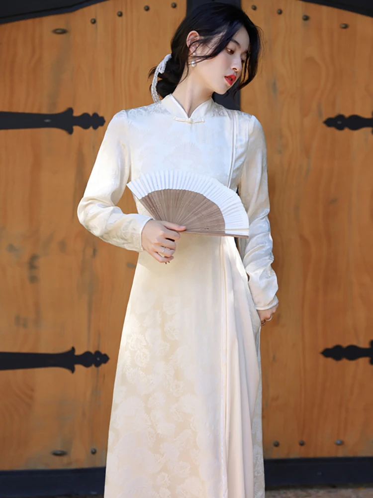 المرأة الكورية خمر حفلة فاخرة Vestidos الخريف الأبيض الساتان الجاكار الوقوف طوق فستان طويل 2025 فستان شيونغسام أنيق جديد #5