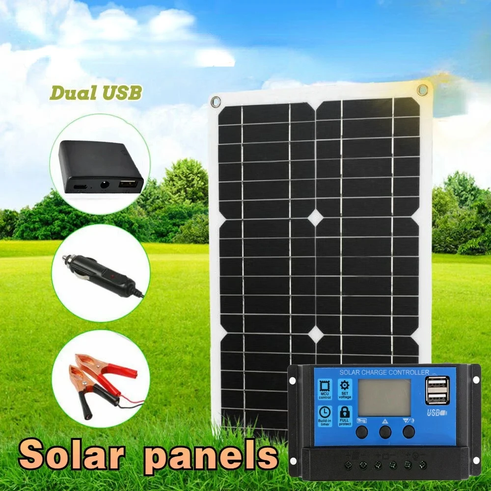 

100W Solar Panel 12V Cell 10A-100A Controller Plate Kit for Phone RV Car Caravan Home Camping Outdoor Battery