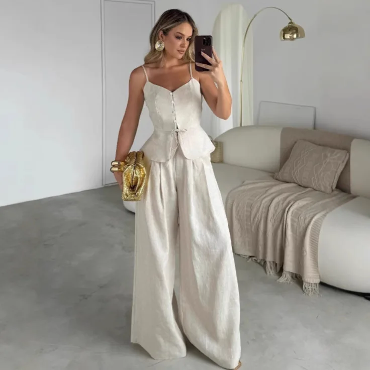 Loungewear Women 2026 Summer Office Pant Set Suits Solid Beige Outfits 2 Two Piece Wide Leg Matching Set for Women Sleepwear