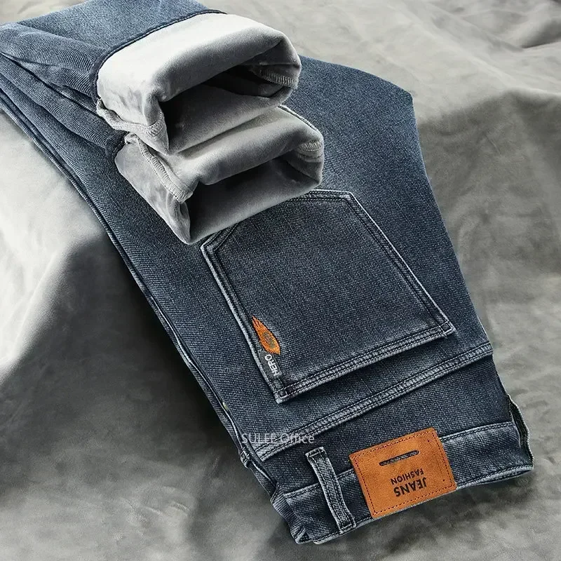 Nuevos pantalones vaqueros de lana de invierno para hombre, pantalones vaqueros ajustados elásticos informales de negocios para estudiantes, pantalones clásicos gruesos y cálidos para hombre