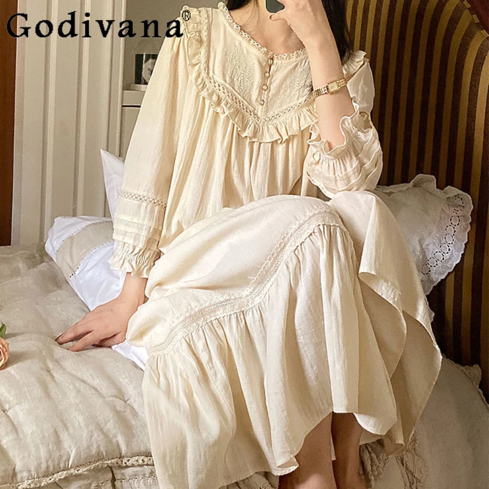 

Vintage Court Style Nightgown Autumn Winter Princess Style Sweet French Nightwear Loungewear Pajamas