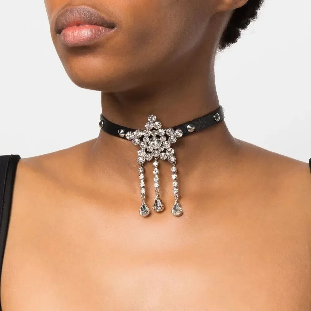 Fashion Star Tassel Crystal Cowhide Choker Necklace Women Designer Brand Jewelry Trend