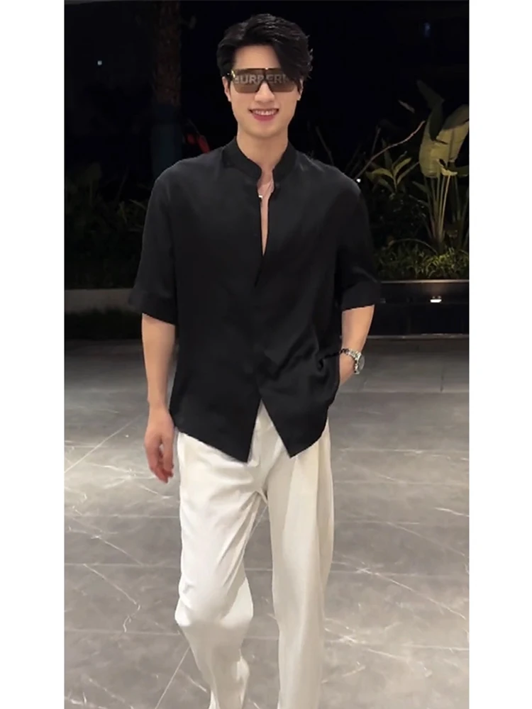 

Воротник-стойка из ледяного шелка ort Sve Men's irt Summer Lightweight Neapolitan Five-Seven Sve irt Cool Feeling Тонкий материал