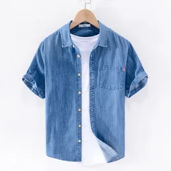 Chemise en denim pour hommes, haut d'été léger et décontracté à demi-manches, à manches courtes, veste de camping en denim à manches courtes