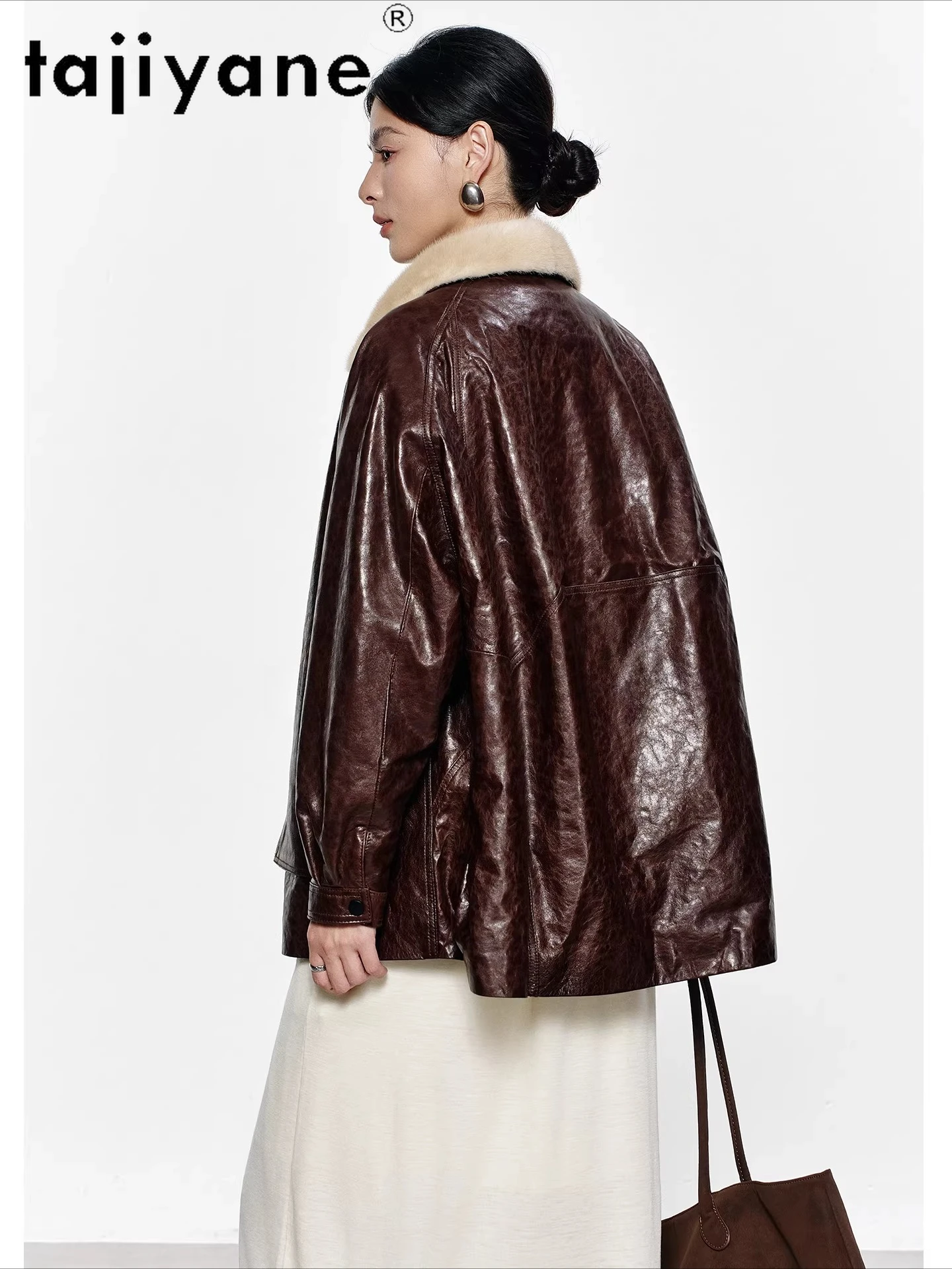 TAJIYANE Öl Wachs Schaffell Gänsedaunen Mantel Frau Nerz Pelz Kragen Mäntel Echt Leder Puffer Jacke 2025 Winter Kleidung Nayeка