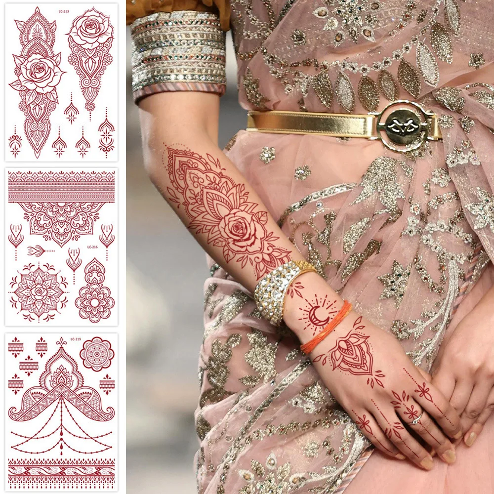 

1PC Ethnic Style Body Art Temporary Tattoos Sweat Resistant Lace Flower Tattoo Stickers Henna Red Waterproof Tattoo Stickers