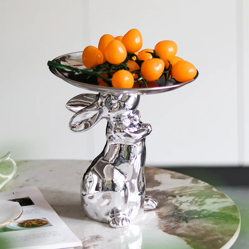 

Metal Tray Simulated Animal Statues Silver Rabbit Fruit Plate Desktop Storage Container Cake Plate Cartoon Tray Home Decoration