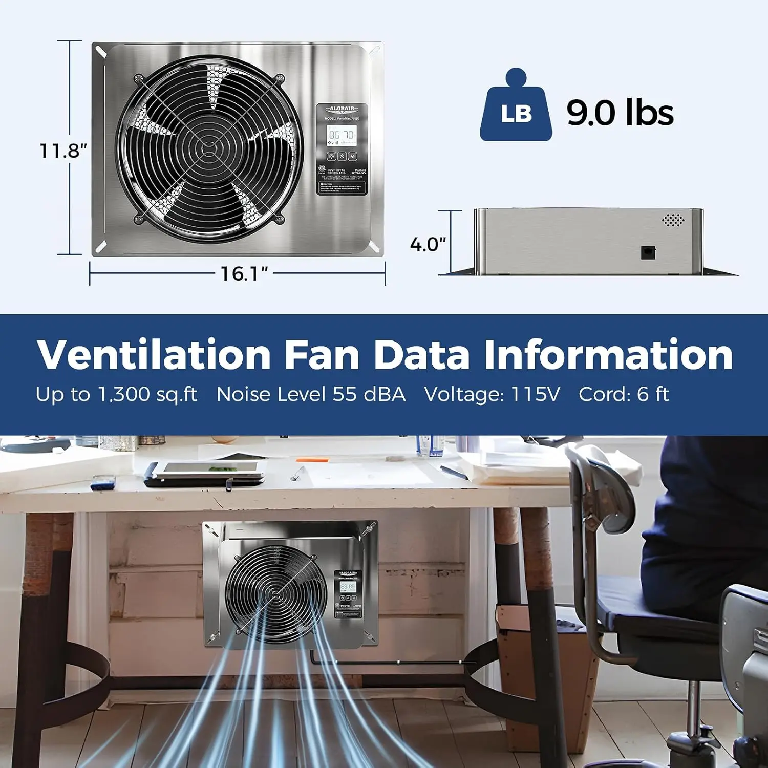 CFM Crawl Space Ventilator Fan, IP55 Rated Basement Exhaust Fan with Temperature Humidity Controller, Timing Cycle, Speed Contro