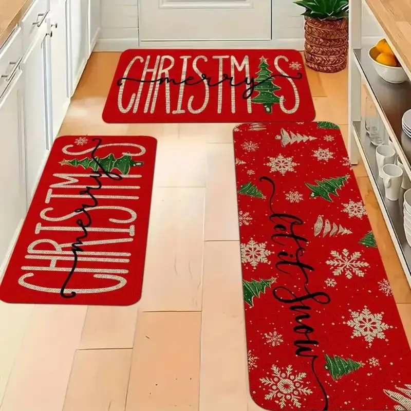 VIKAMA Christmas Kitchen Rug Set Red Merry Christmas Let It Snow Tree Print Soft Mat For Kitchen Floor Dining Room Holiday Decor