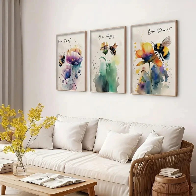 

3pcs/Set Watercolor Bee Floral Canvas Prints Retro Inspiring Decorative Posters Creative Home Decor Living Rooms Dining Offices