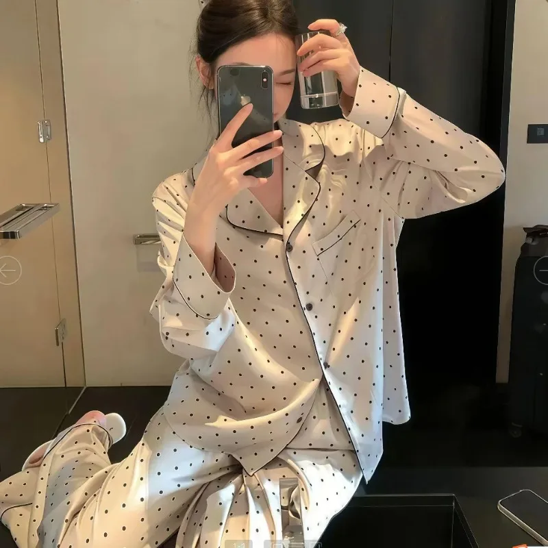 2pcs/set Spring Autumn Women Simple Loose Pajamas Girls Solid Color Silk Causal Homewear Lady Long Sleeves Luxury Style Pajamas