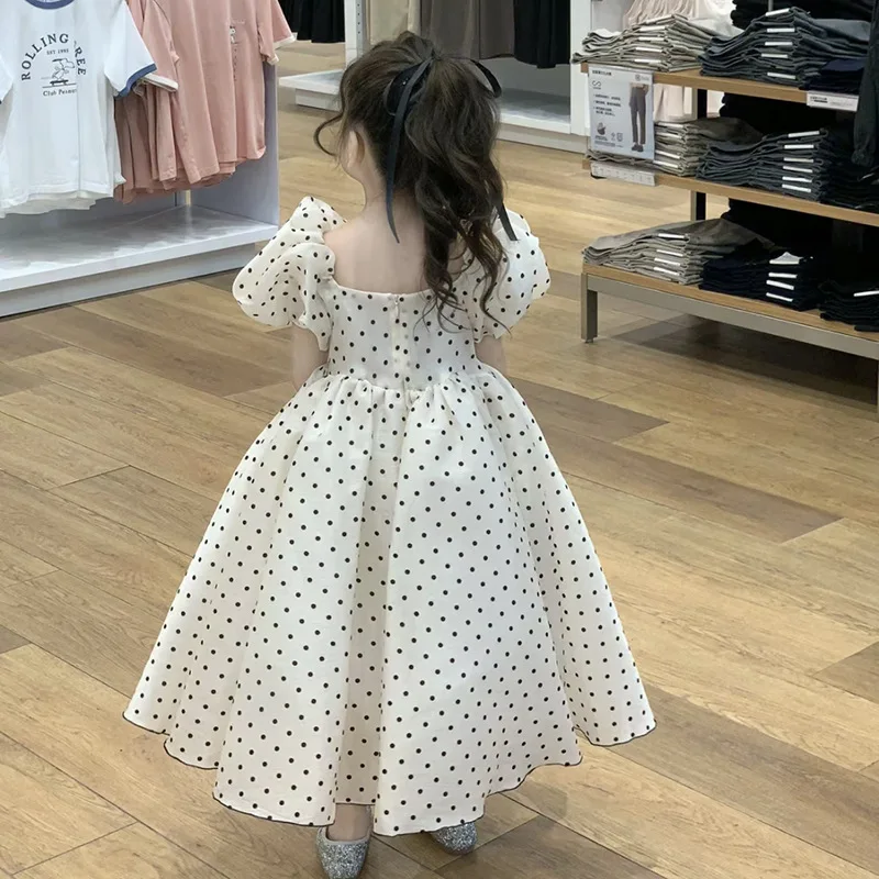 2-10y Koreaanse Stijl Bruiloft Meisjes Polka Dot Bruidsmeisje Lange Jurken Zomer Baby Verjaardag Avond Poff Mouw Elegante Jurk