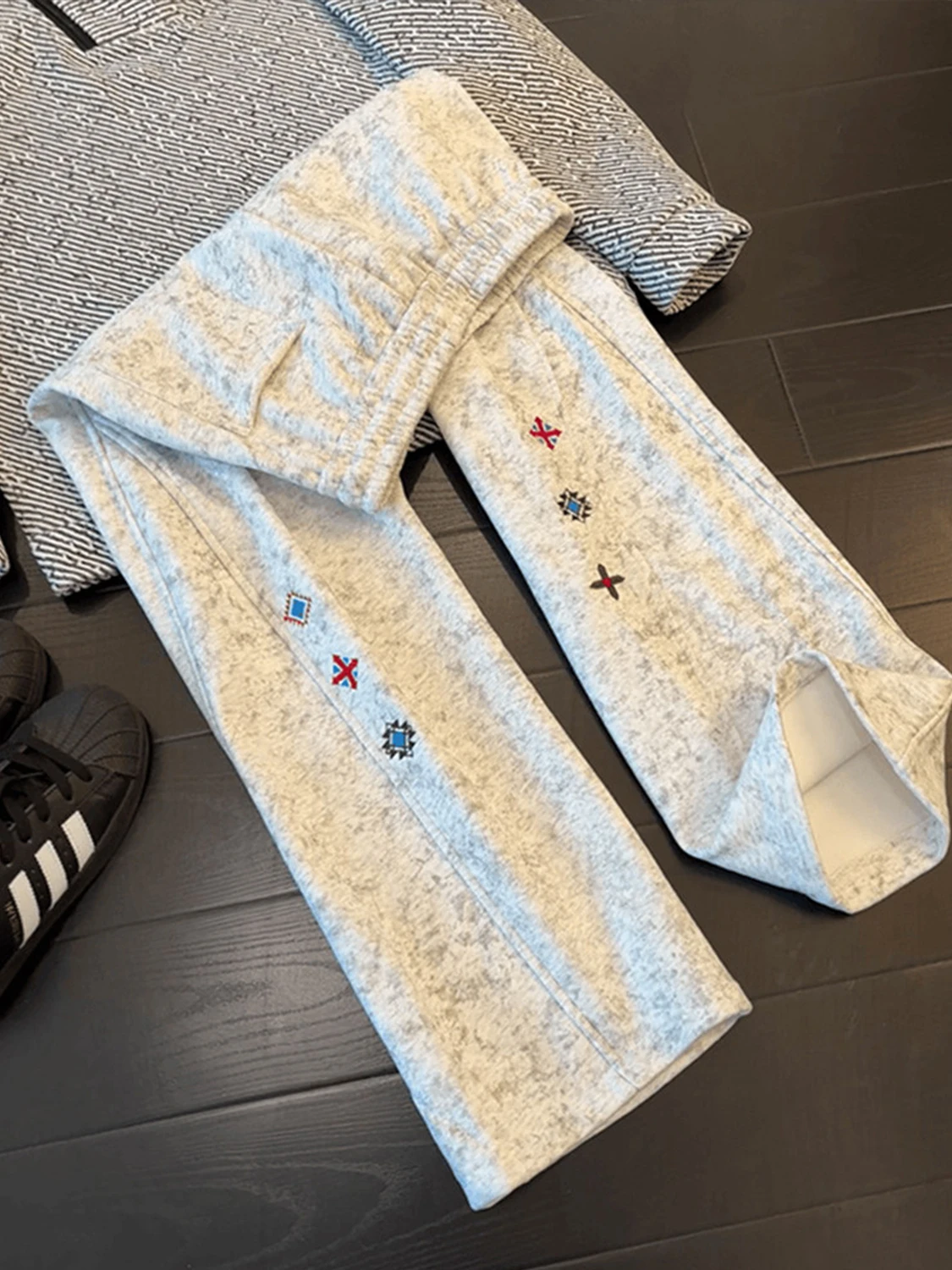 Gray Floral Embroidered Casual Pants Men's Summer American Retro Tie Dye Vibe Straight Leg Loose Fit Youth Leisure Trousers