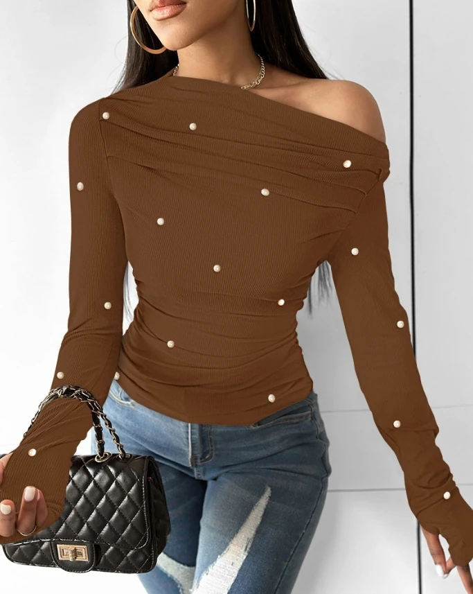 

Elegant Women's Blouse 2024 Autumn Fashion Slant Collar Ruffle Nail Bead Long Sleeve Casual Basic Tight Daily Undercover Tops