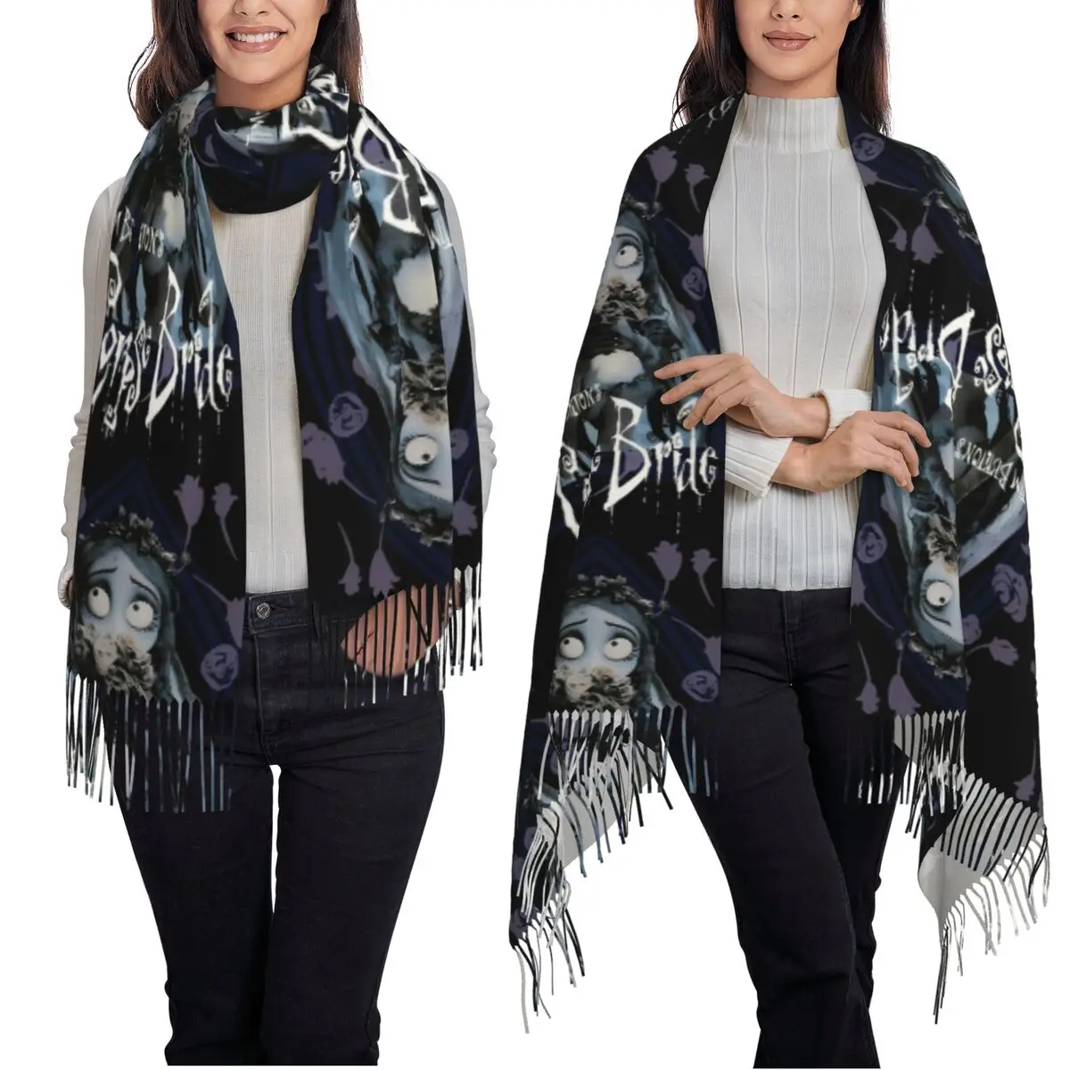 ハロウィン コープスブライド スケルトン エミリー ガール ティム・バートン スカーフ タッセル スカーフ 女性用ショールとラップ ロング 秋 冬 ショール ラップ