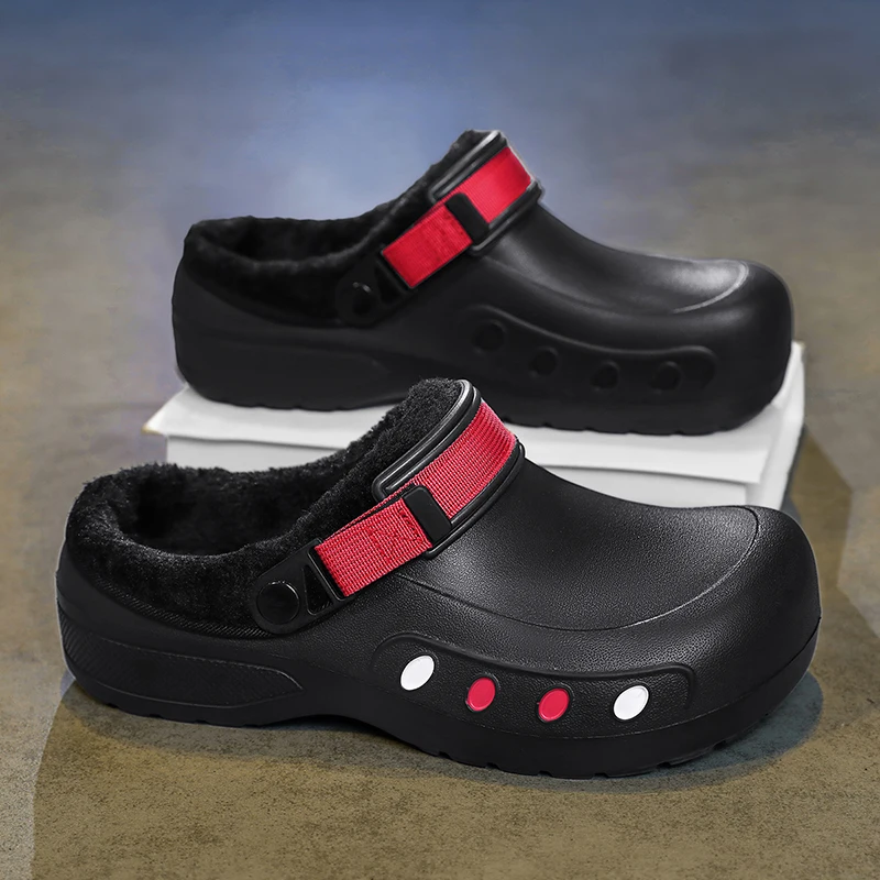Men Kitchen Shoes Men Garden Clogs Water-proof Warm Lining Sandal Outdoor Garden Shoes Non-slip Slippers Plus Size Plush Shoes