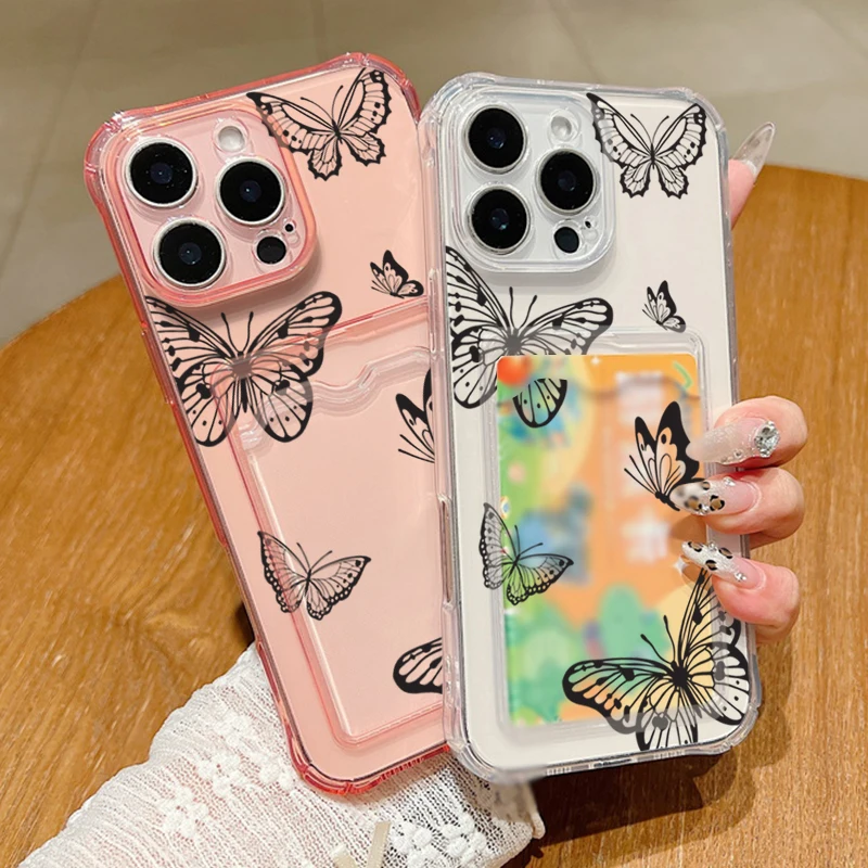 Case For iPhone 16 Pro Max Luxury Card Slot Black Hollow Butterfly Clear Soft Silicone Cover For iPhone 11 12 13 14 15 Pro Max