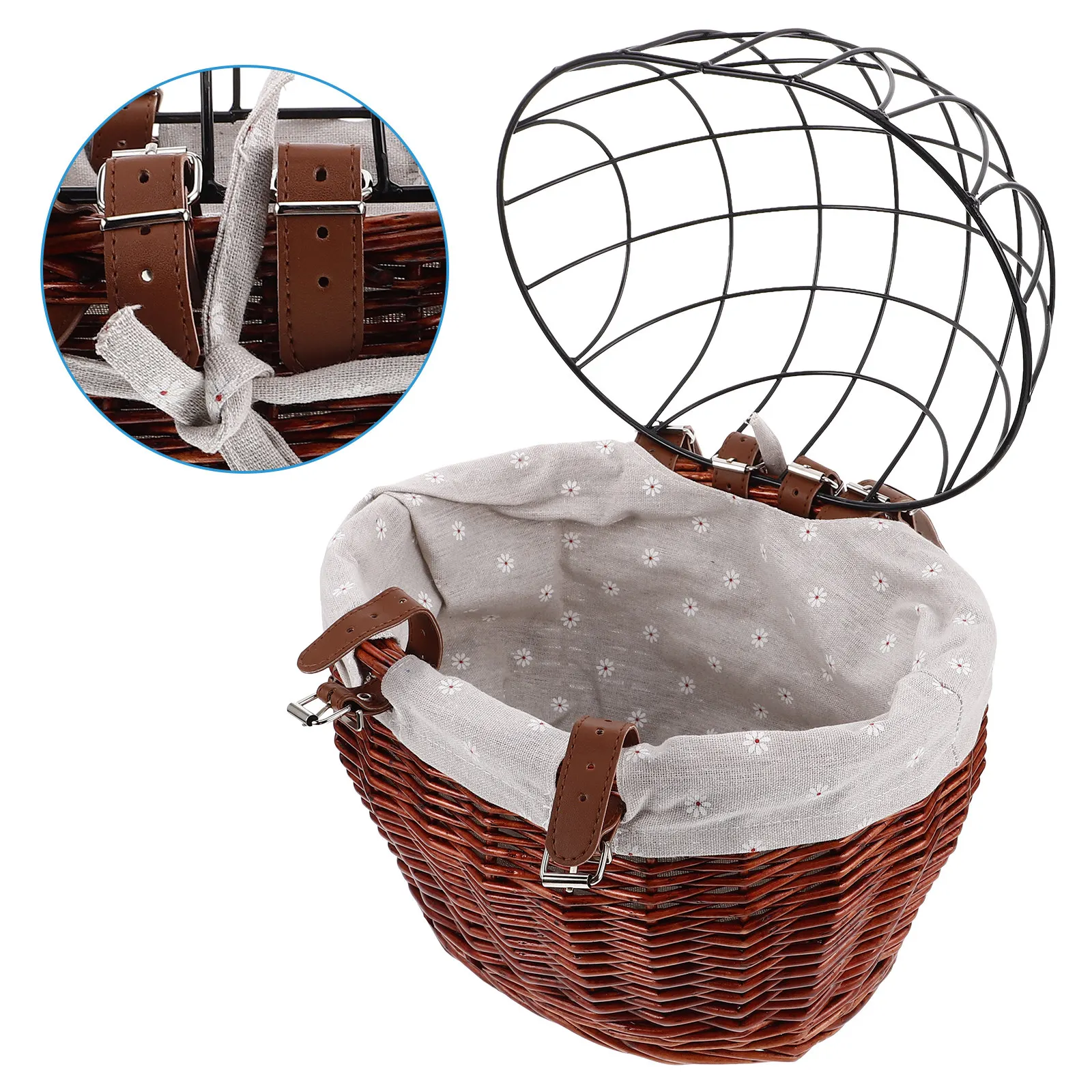 Detachable Front Wicker Bike Basket Bicycle Basket for Dogs Cats Pet Carrier Rattan Storage Wire Mesh Cover Shopping Commuting