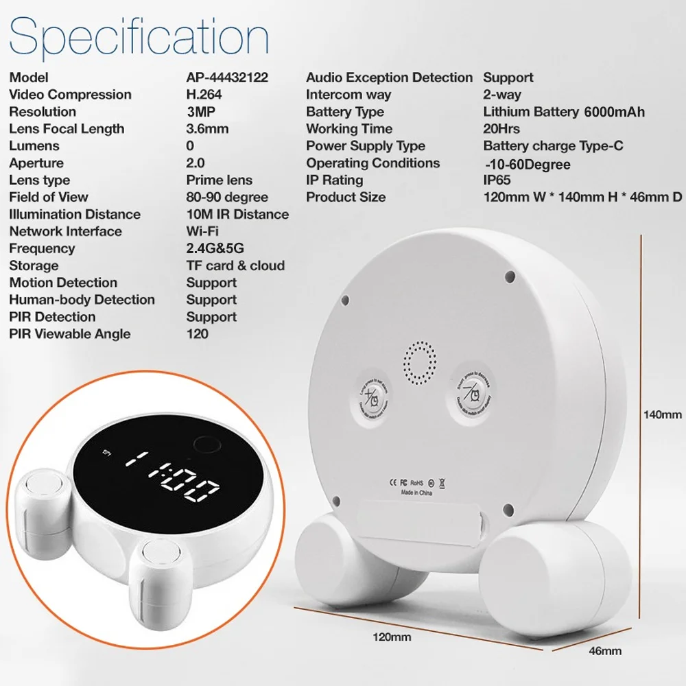 Caméra de réveil WiFi portable Tuya, vision nocturne HD 1080P, détection de mouvement, surveillance de sécurité à domicile, horloge, caméra IP