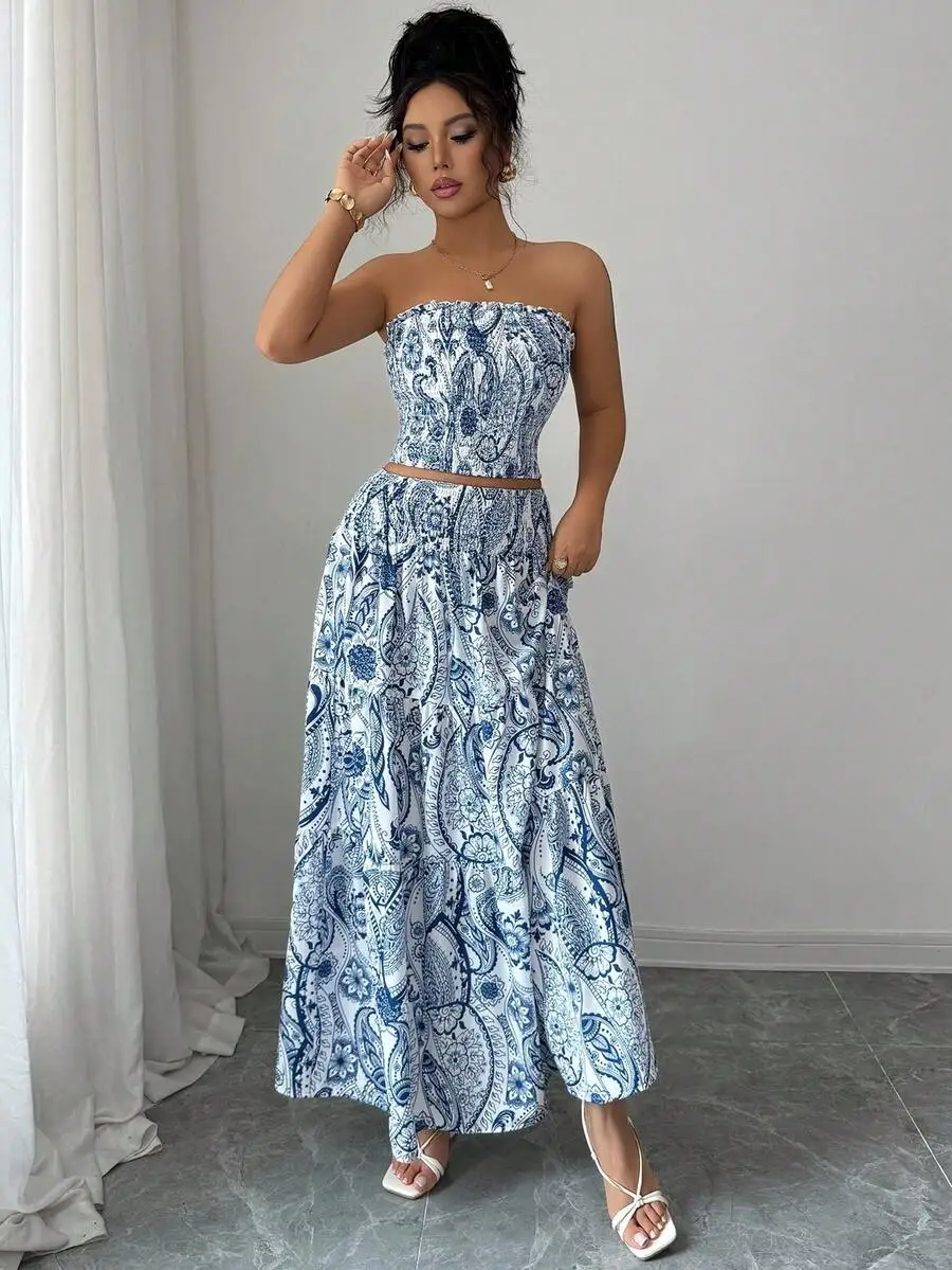 Allover-Print, trägerlos, lässig, elegant, Strandhochzeit, 2-teiliges Set (Oberteil und Rock), Sommer – Detail 5