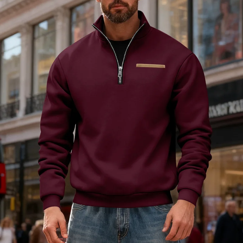 Maglione sportivo con striscia di colore a contrasto, colletto rialzato termico da uomo allentato pesante in velluto invernale americano, vendita calda