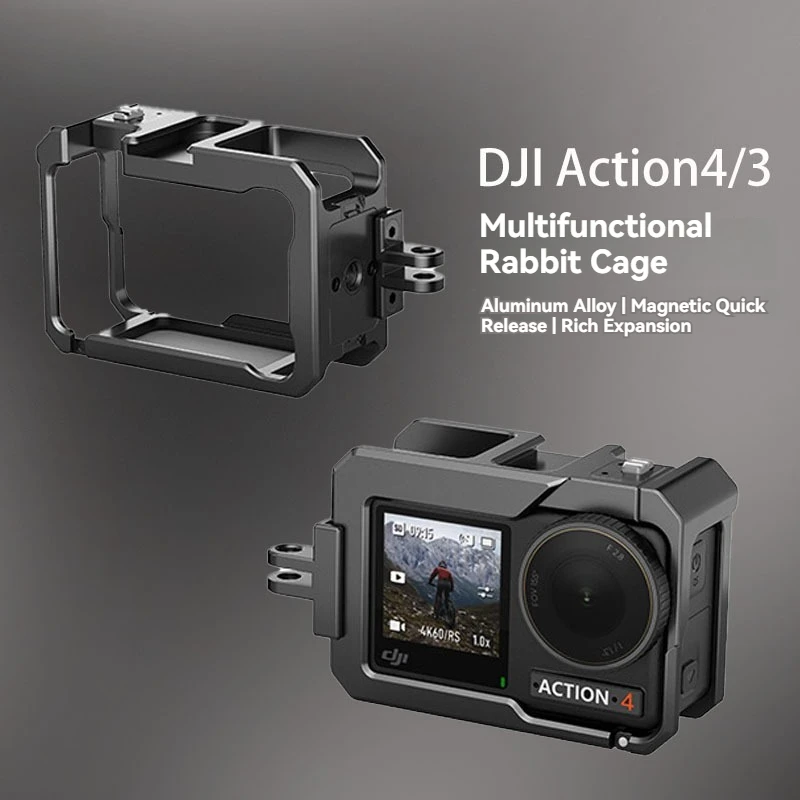 Metal Rabbit Cage Frame with Heat Dissipation, Anti-collision Protection Cover, and Sidebar for DJI Action 4 / Osmo Action 3