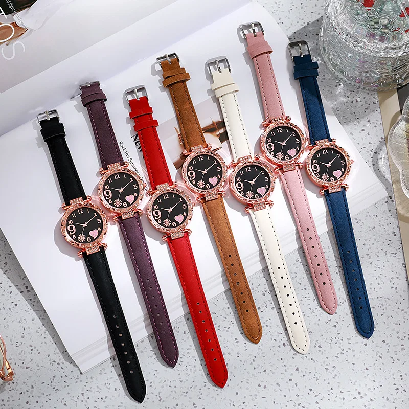 2/1 Uds. Relojes de mujer con esfera de corazón a la moda, reloj de cuarzo con banda de cuero de lujo, conjunto de pulsera con diamantes de imitación, reloj femenino
