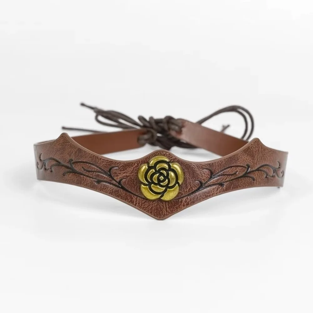 Embossed Design Medieval Headpiece Adjustable Size Golden Rose Pattern Cosplay Headpiece Faux Leather Material Elf Warrior Style