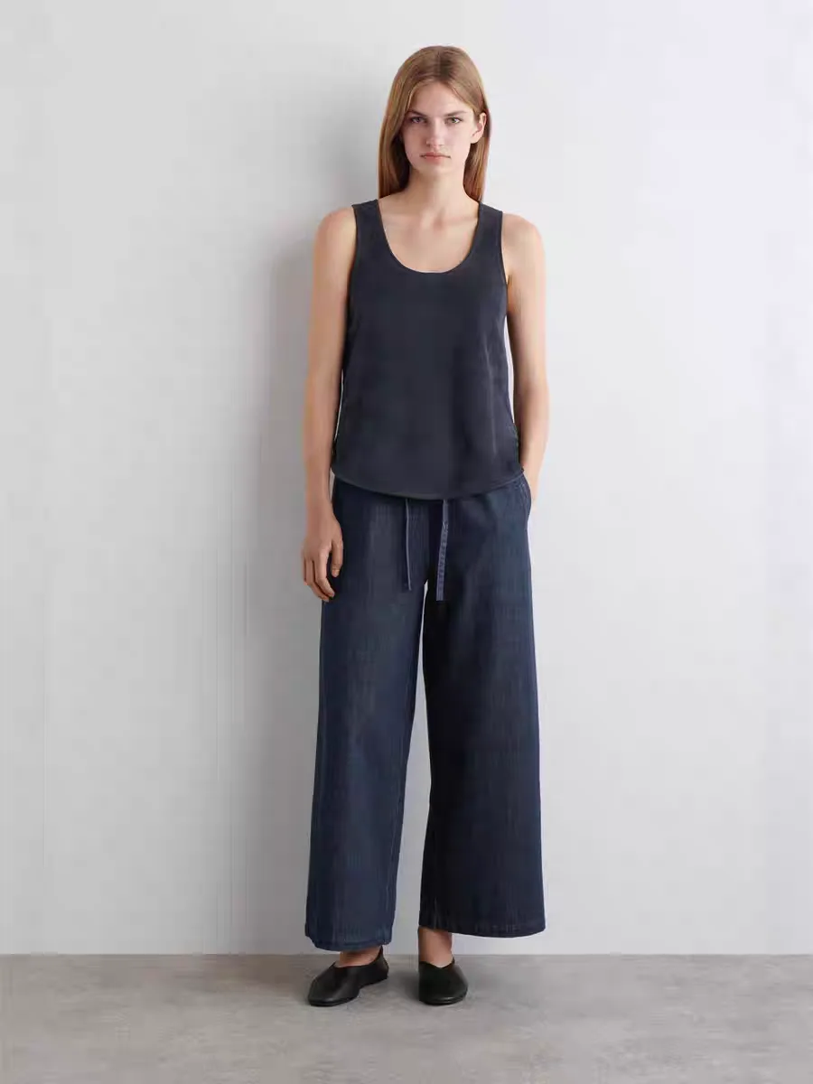 

Non-Fading Pure Cotton Loose Elastic Waist Dstring Women's Jeans Straight Leg Wide Leg Summer Casual Trousers