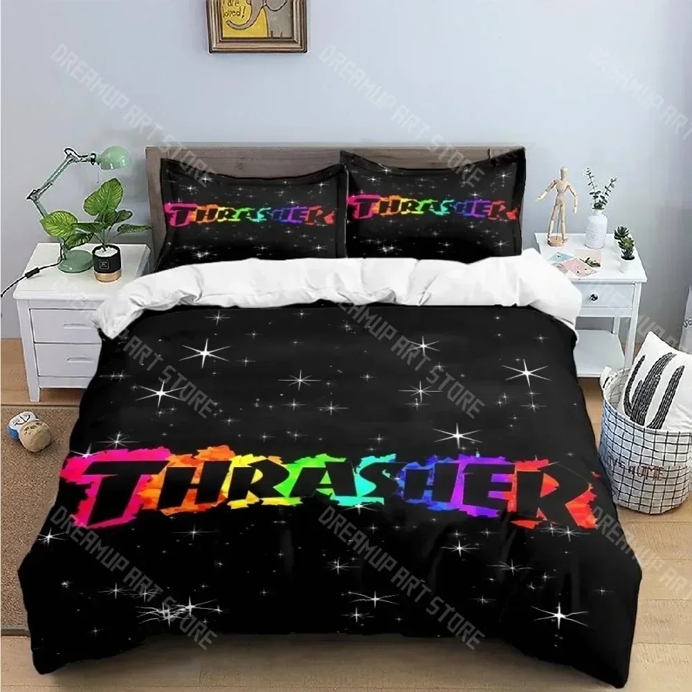 Exquisite 3D Print Fashion Cool T-Thrasher Logo Bedding Set Boys Girls Twin Queen King Size Duvet Cover Pillowcase Bed Boys Adul